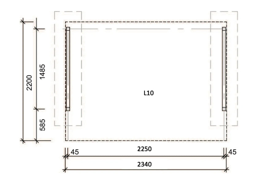 Fundamentplan L10 mit Bemaßung, Metallbau, Skizze Maße 2200x2340 mm, technische Zeichnung