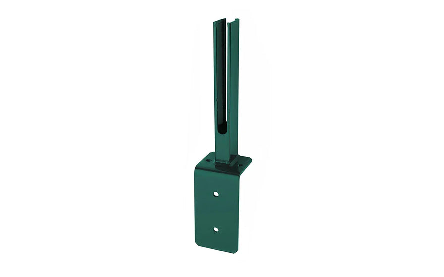Grüne Metall-Fußplatte Universal 60x40 mit Winkel, zwei Bohrlöcher, für Zaunmontage
