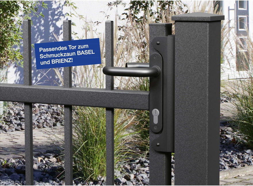 Modernes Gartentor aus Metall mit Schloss, passend zum Schmuckzaun Basel Brienz