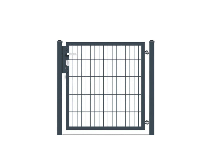 Gartentor aus Metall, einflügelige Ausführung, 1000 mm hoch, mit Gitterdesign und zwei Pfosten.