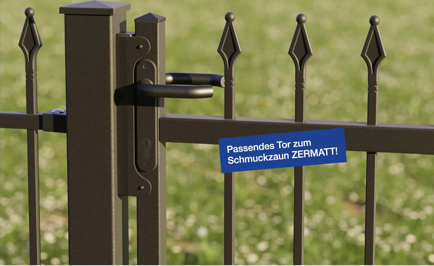 Metall Gartentor Zermatt mit schwarzem Griff und Spitzen, passend zum Schmuckzaun, Nahaufnahme