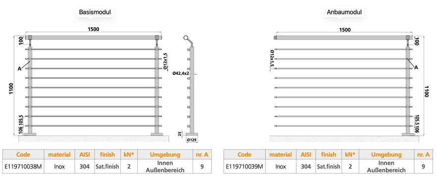 Geländer Set Edelstahl Modell Linear  - Basismodul und Anbaumodul