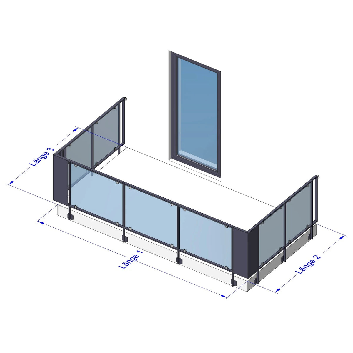 Glas Geländer Modell Vista, U-Form (I_I), vorgesetzt, ohne Handlauf – Maßskizze Länge 1, 2 und 3