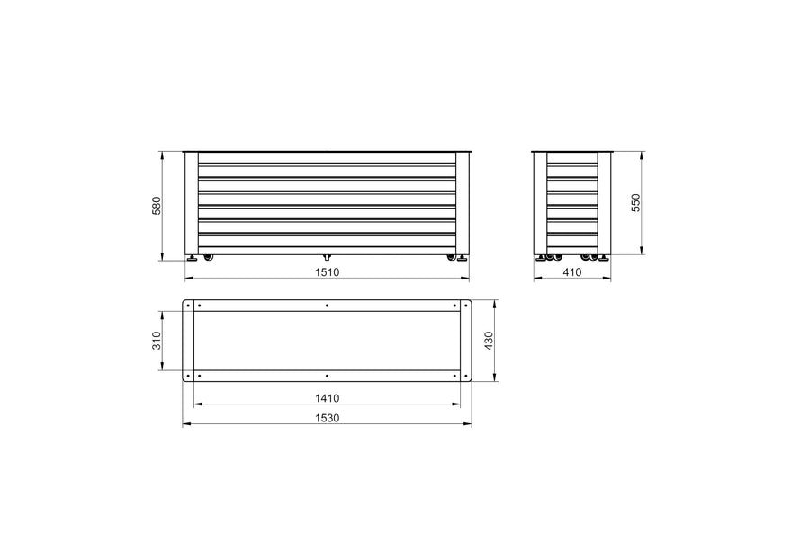 Technische Zeichnung Hochbeet Metall, Maße: 1510x410x580 mm, Seiten- und Draufsicht