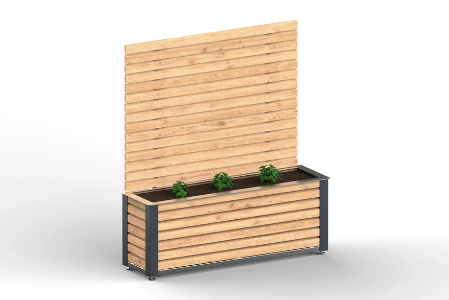 Hochbeet mit Sichtschutz aus Holz und Metall, bepflanzt, modernes Design, RAL7016
