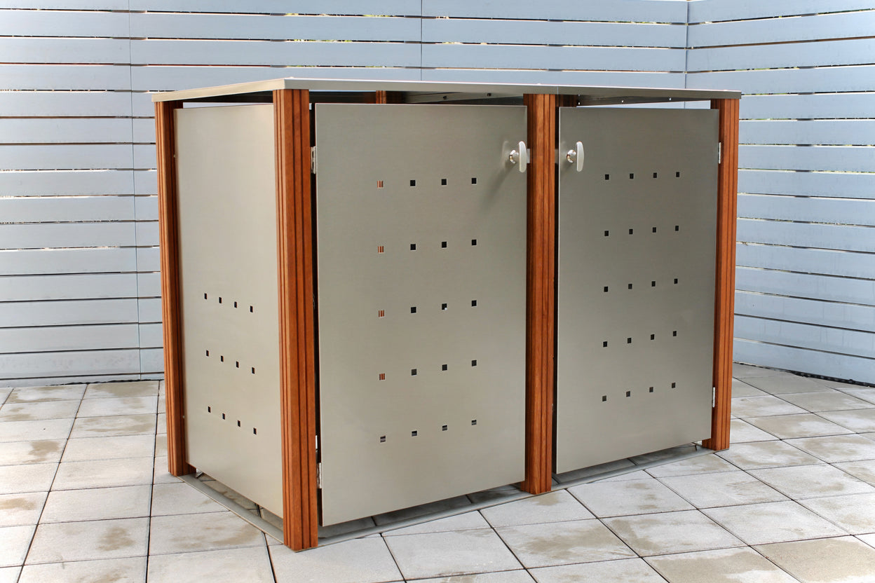 Mülltonnenbox 2er Edelstahl mit Holzpfosten