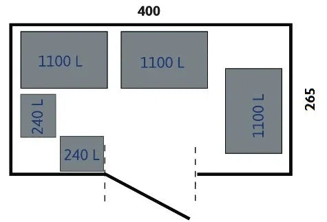 Skizze eines Metallbau-Abfallbehälterraums mit vier 1100-Liter- und zwei 240-Liter-Behältern, Maße 400x265 cm