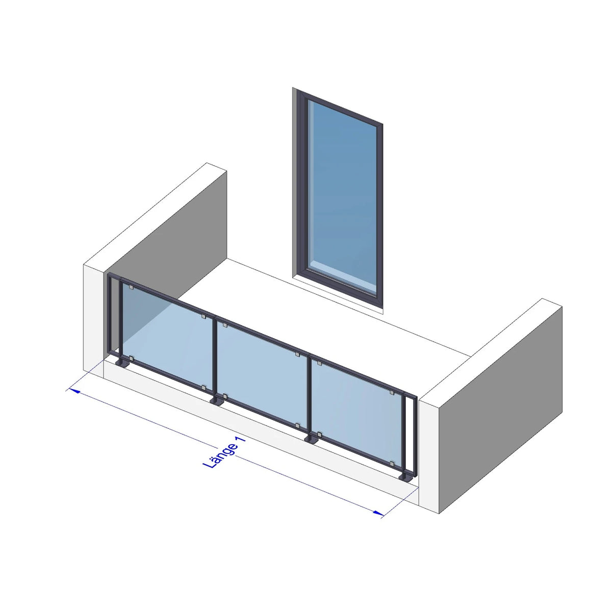 Glas Geländer Modell Vista, I-Form (gerade), aufgesetzt, ohne Handlauf – Maßskizze Länge 1