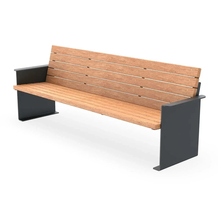 Moderne Parkbank aus Lärchenholz mit pulverbeschichteten Metallseitenteilen RAL 7016