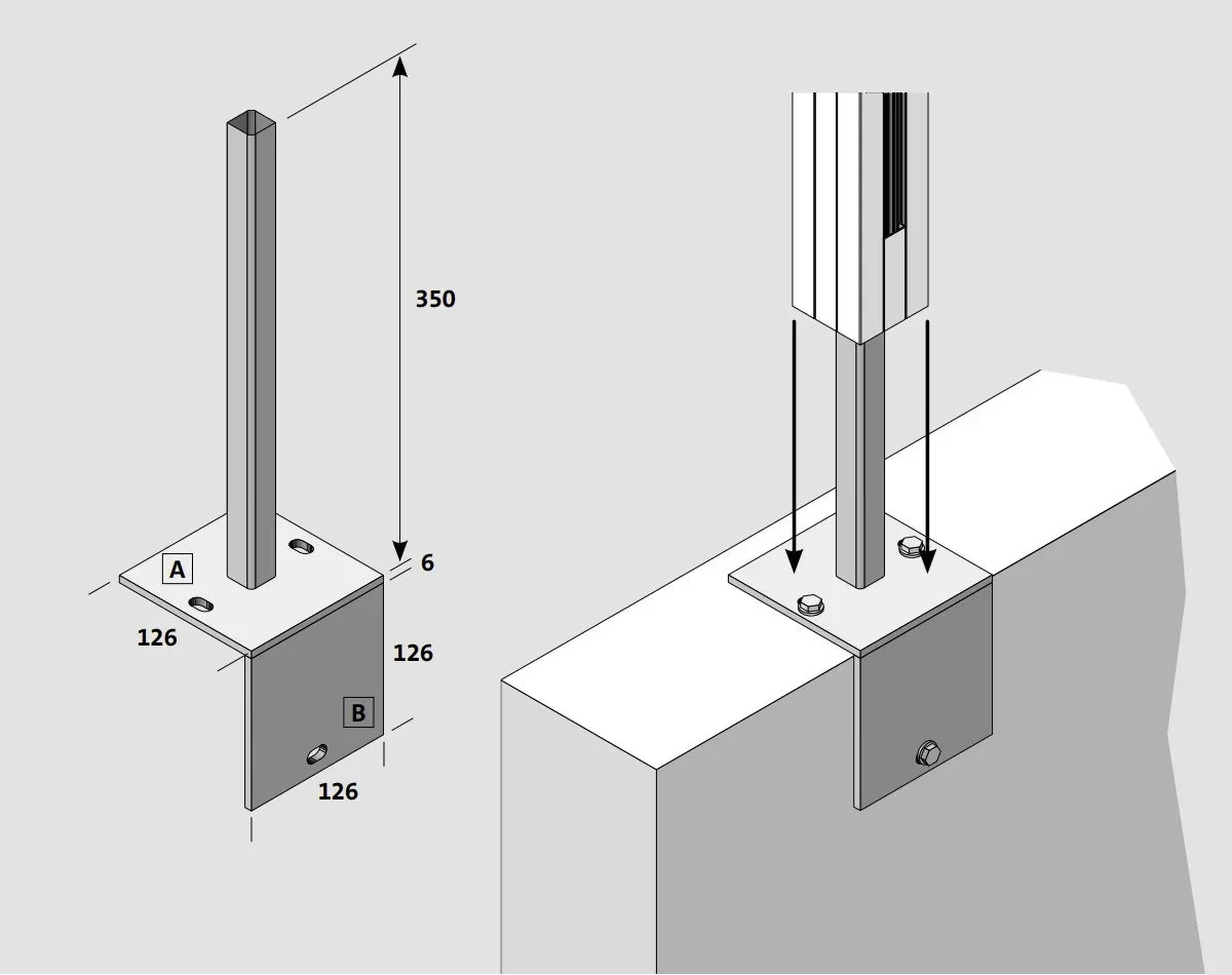 Pfostenanker aus verzinktem Stahl mit Winkel zum Anschrauben, technische Zeichnung mit Maßen