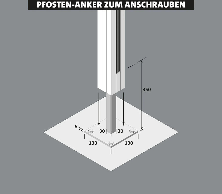 Pfostenanker aus verzinktem Stahl mit Maßen, Bodenplatte zum Anschrauben, technische Zeichnung