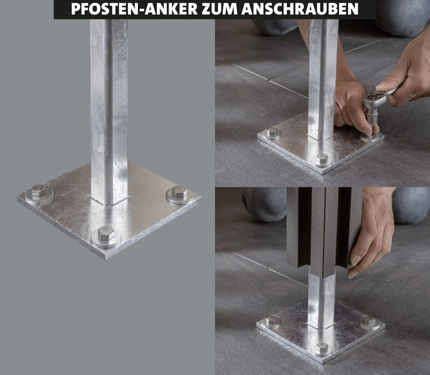 Verzinkter Stahl Pfostenanker zum Anschrauben, Montage auf Bodenfliesen, Nahaufnahme.