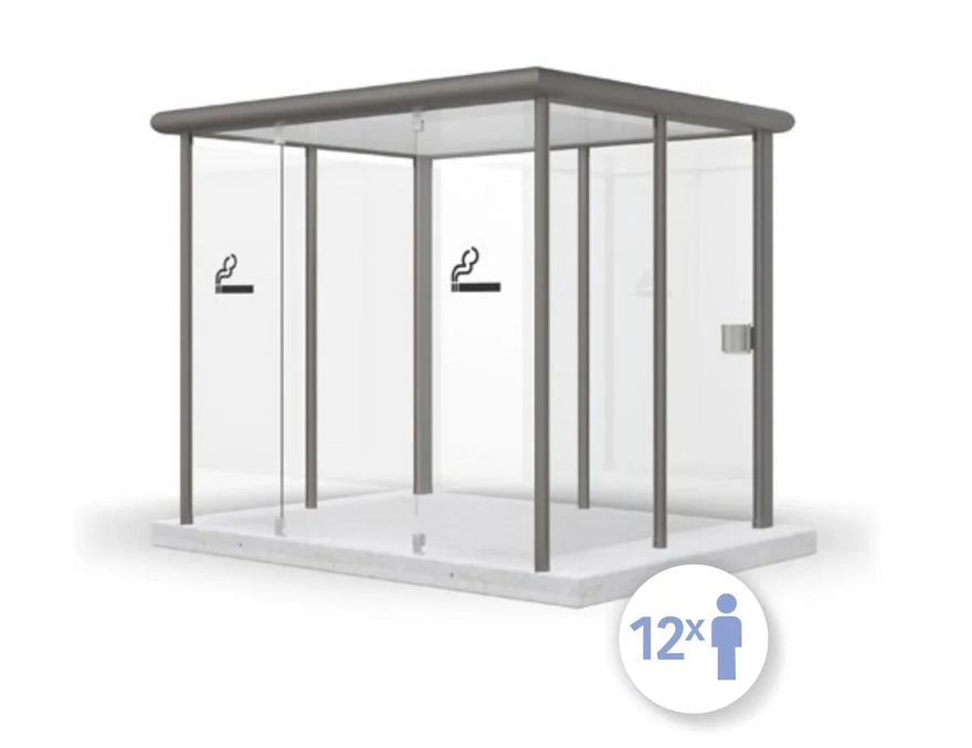 Raucherkabine aus Glas und Metall für 12 Personen, freistehend, mit Rauchersymbolen.