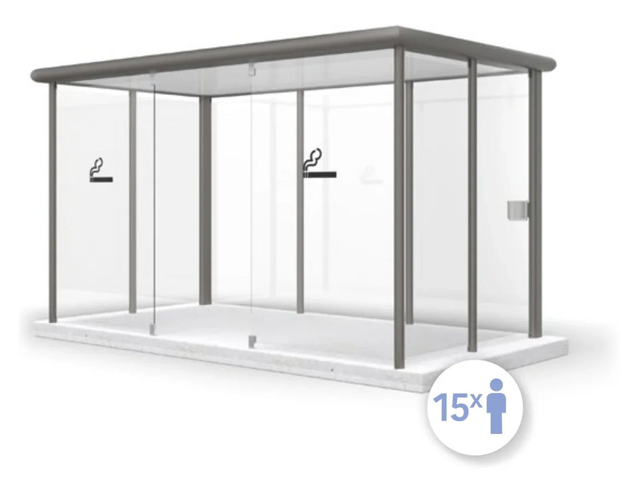 Moderne Raucherkabine aus Glas und Metall für 15 Personen, freistehend.