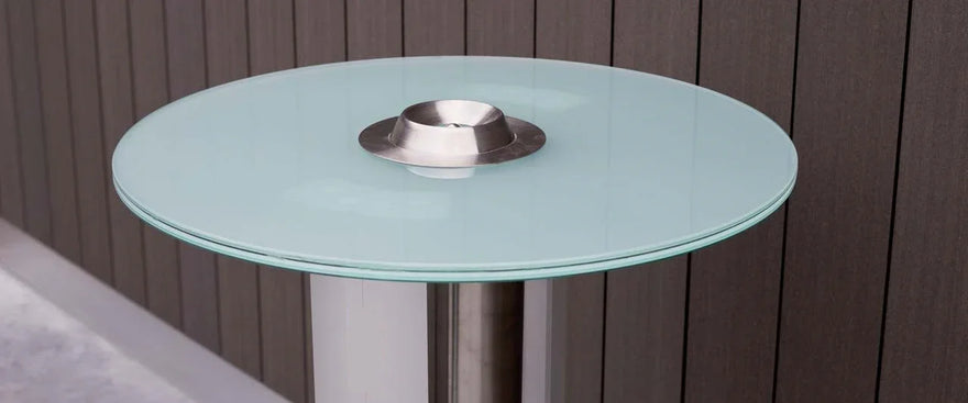 Rauchertisch mit runder Glasplatte und Edelstahlaufsatz, moderner Outdoor-Aschenbecher
