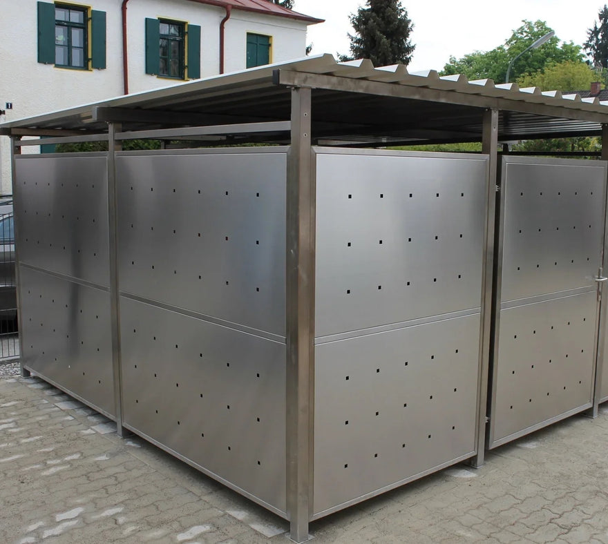 Überdachte Metallbox für Fahrräder, Edelstahl, wetterfest, mit Lochmuster, Außenbereich