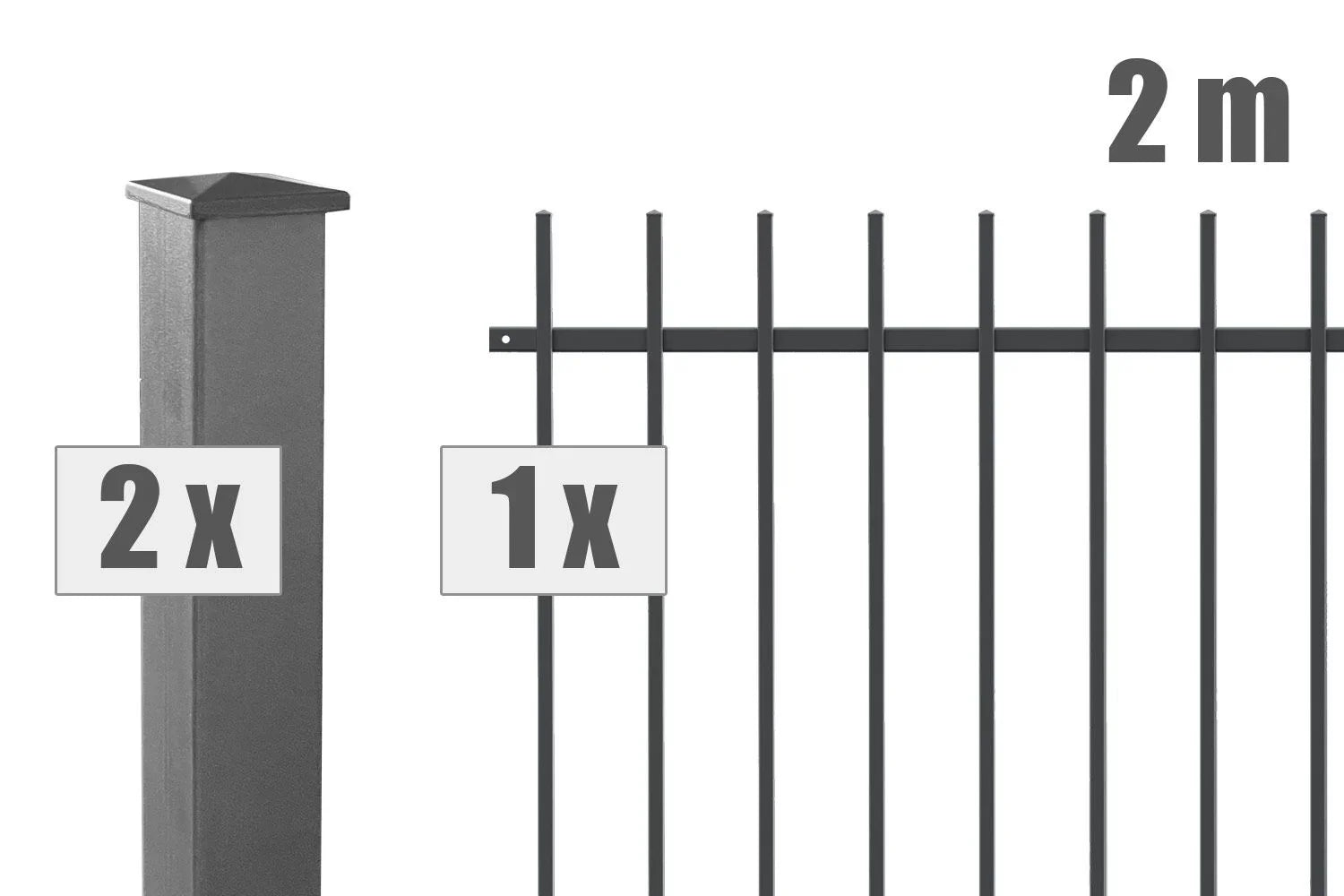 Metallzaun Set mit zwei Zaunpfosten und einem 2 Meter Schmuckzaun Element anthrazit