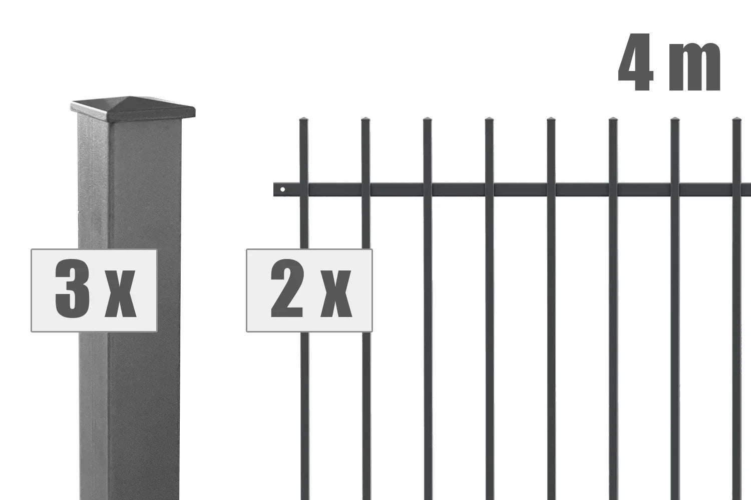 Schmuckzaun Brienz Set mit drei Zaunpfosten, zwei Zaunelementen, 4 Meter breit, anthrazit, Metallzaun für Garten oder Grundstücksabgrenzung