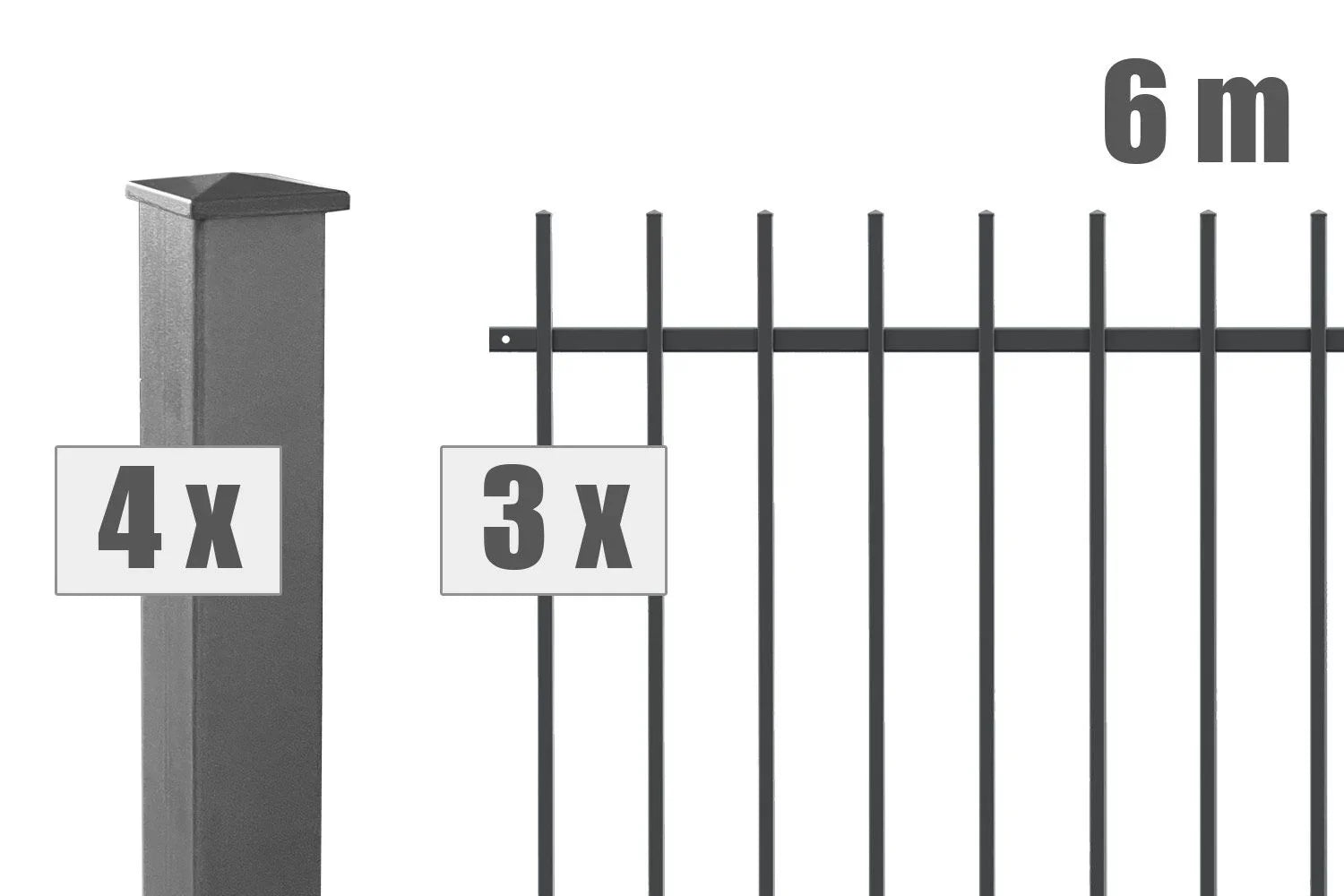 Set aus 3 Schmuckzaun-Brienz Zaunelementen und 4 Metallpfosten in Anthrazit für 6 Meter Zaunlänge