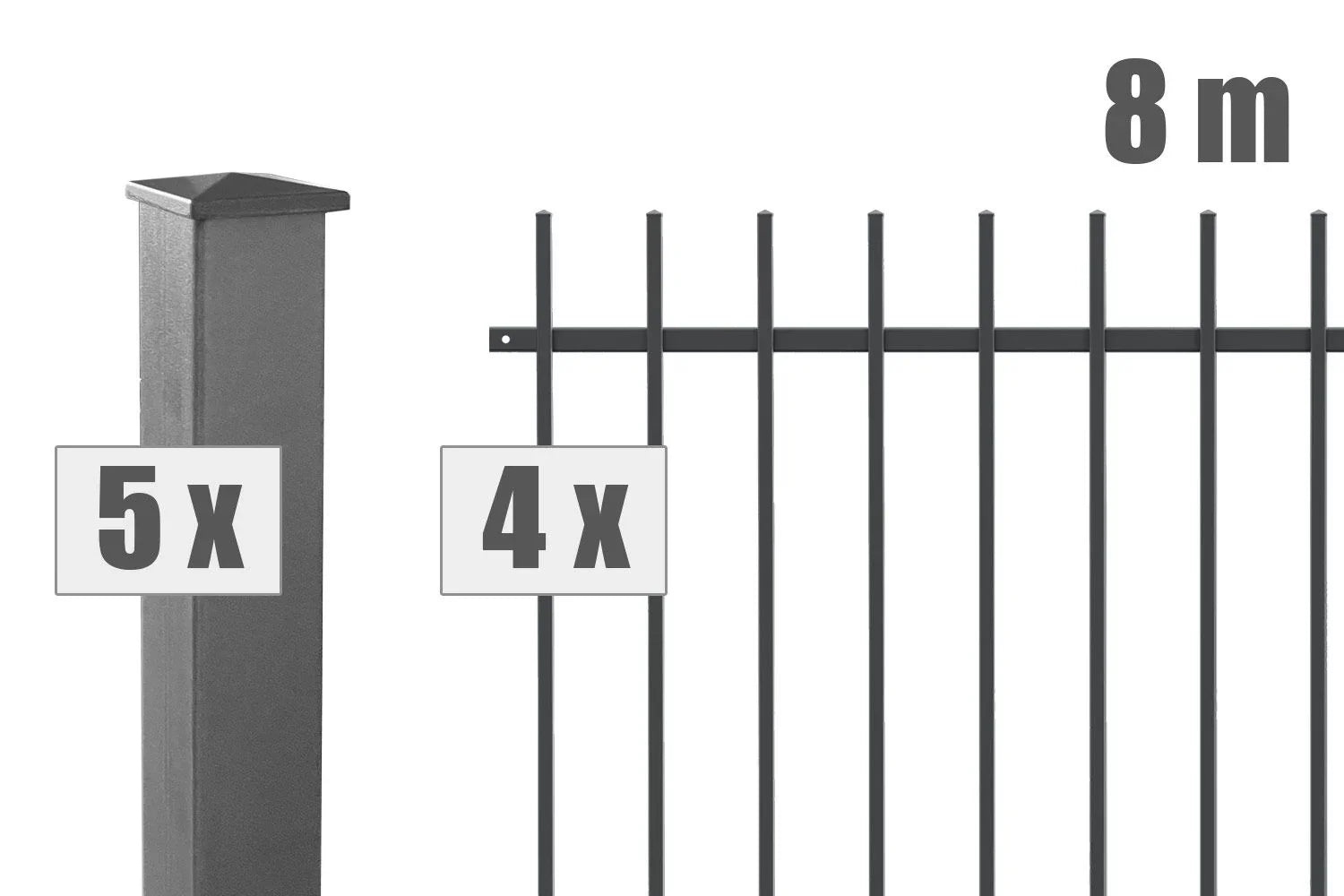 Metallzaun-Set Brienz, 8 Meter lang, 5 Pfosten, 4 Zaunfelder, anthrazit, moderner Schmuckzaun