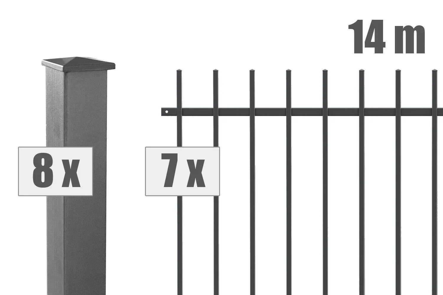 Schwarz pulverbeschichteter Metallzaun, 8 Pfosten, 7 Zaunelemente, 14 Meter Set