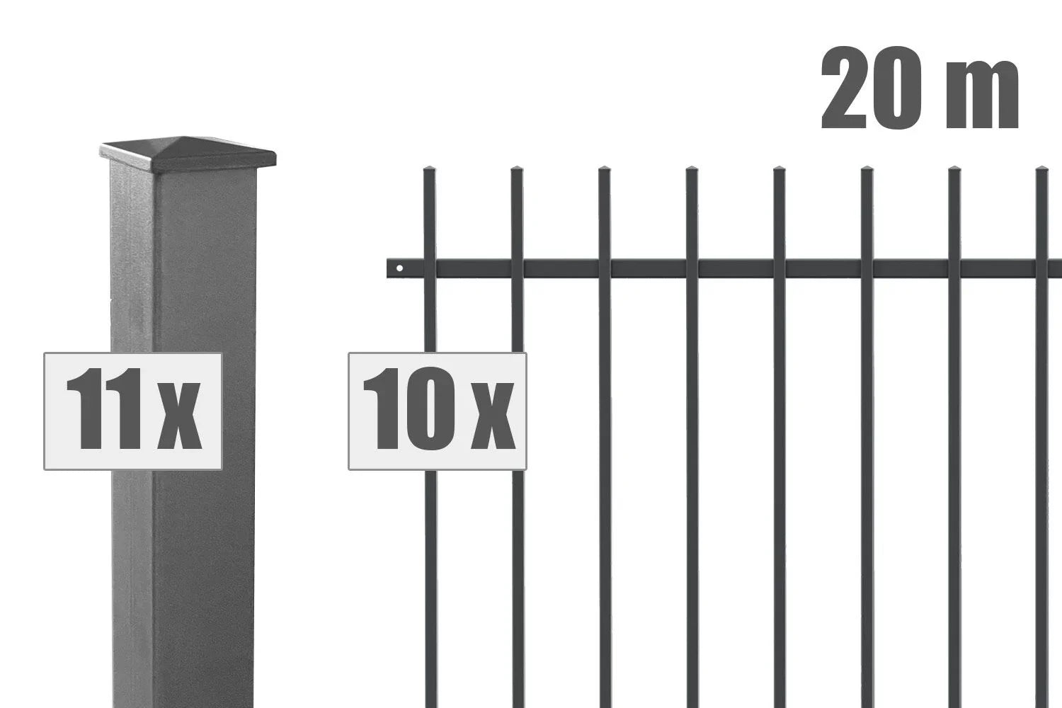 Schmuckzaun Set Brienz, 20m anthrazit, 10 Zaunelemente, 11 Pfosten, Metallzaun für Garten