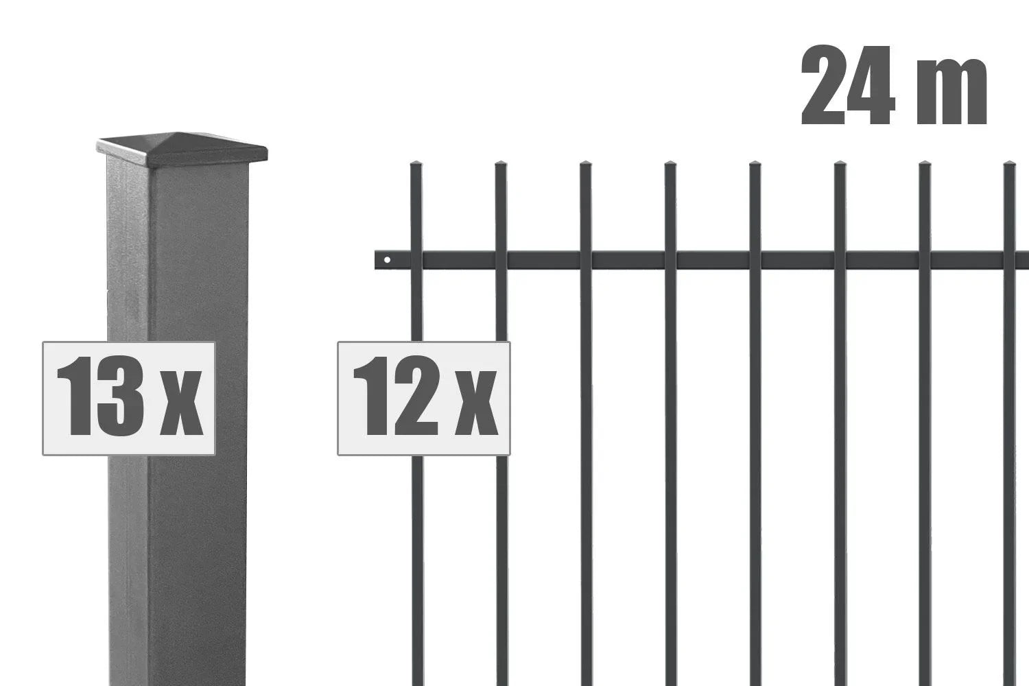 Schmuckzaun Brienz Set, 24 Meter, 12 Zaunelemente und 13 Pfosten, anthrazit, Metallzaun
