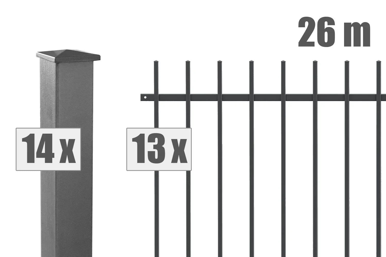 Set aus 14 Zaunpfosten und 13 Metallzaun-Feldern, Gesamtlänge 26 Meter, modern und robust