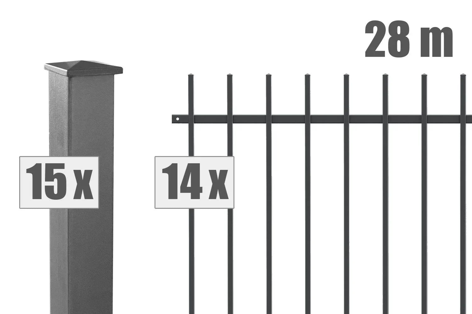 Set aus 14 Schmuckzaun-Elementen und 15 Zaunpfosten, 28 Meter Länge, anthrazitfarben