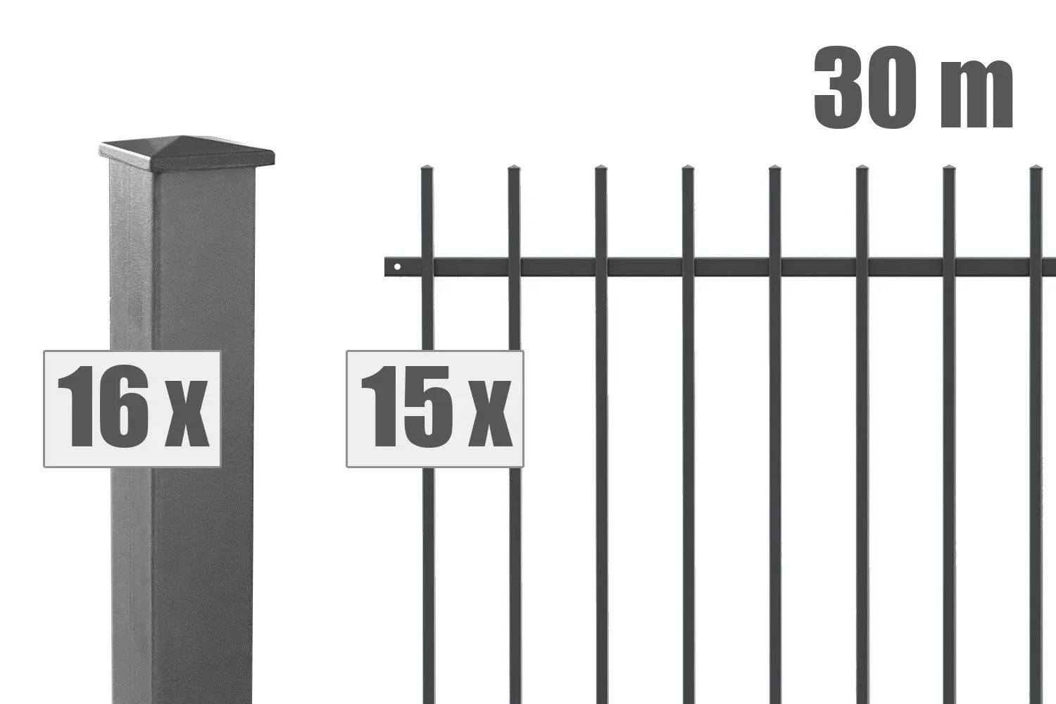 Metallzaun Set mit 16 Pfosten und 15 Zaunelementen, 30 Meter Länge, pulverbeschichtet, modern
