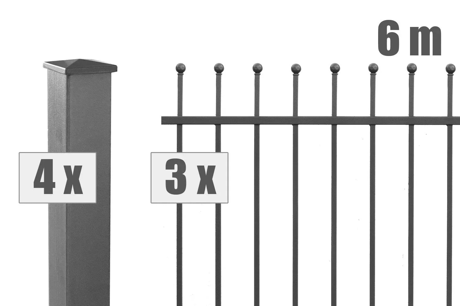 Schmuckzaun Set, 6 Meter, 3 Zaunelemente, 4 Pfosten, Metall, klassisch, anthrazit, Gartenzaun