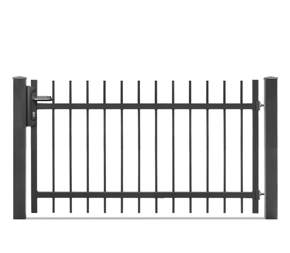Modernes Metallzauntor in Anthrazit, senkrechte Stabfüllung, robust, rechteckig