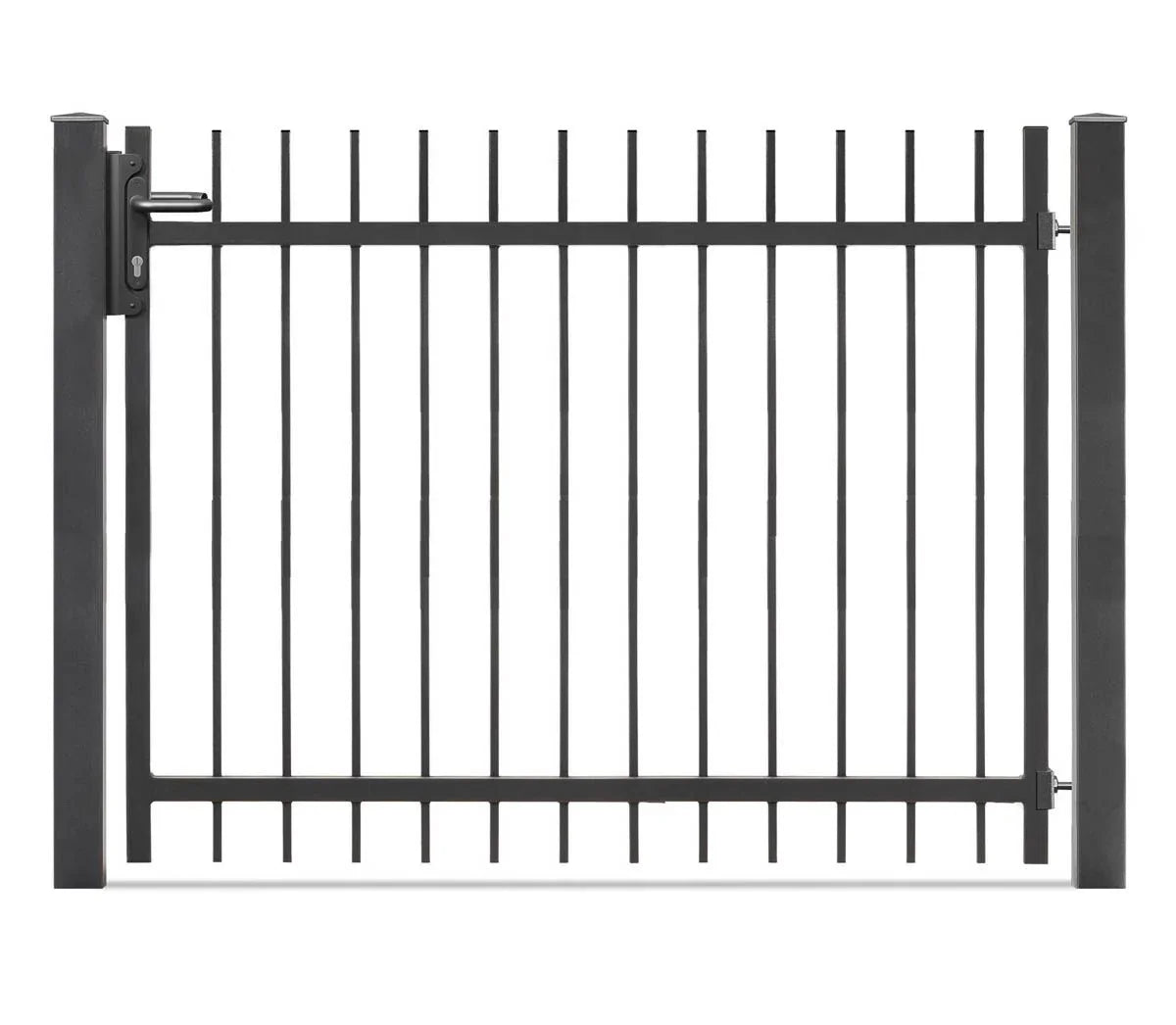 Metallzaun Tor anthrazit mit senkrechten Stäben, modern, für Garten oder Grundstück