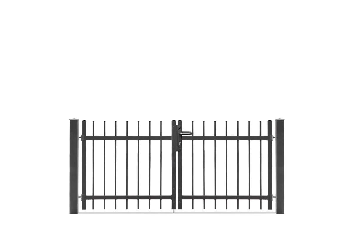 Doppelflügeliges Metallzauntor in Anthrazit mit senkrechten Stäben, moderner Look