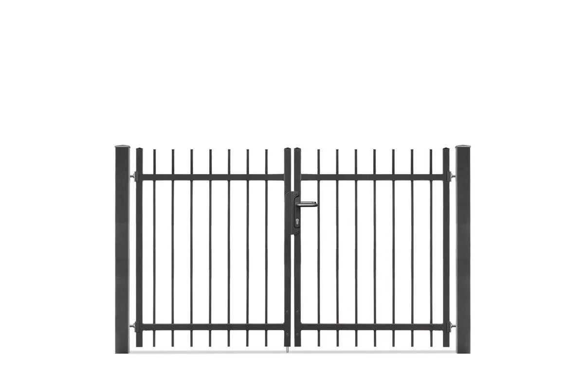 Doppelflügeliges Metallzaun Tor in Anthrazit, modern, mit senkrechten Stäben und Schloss