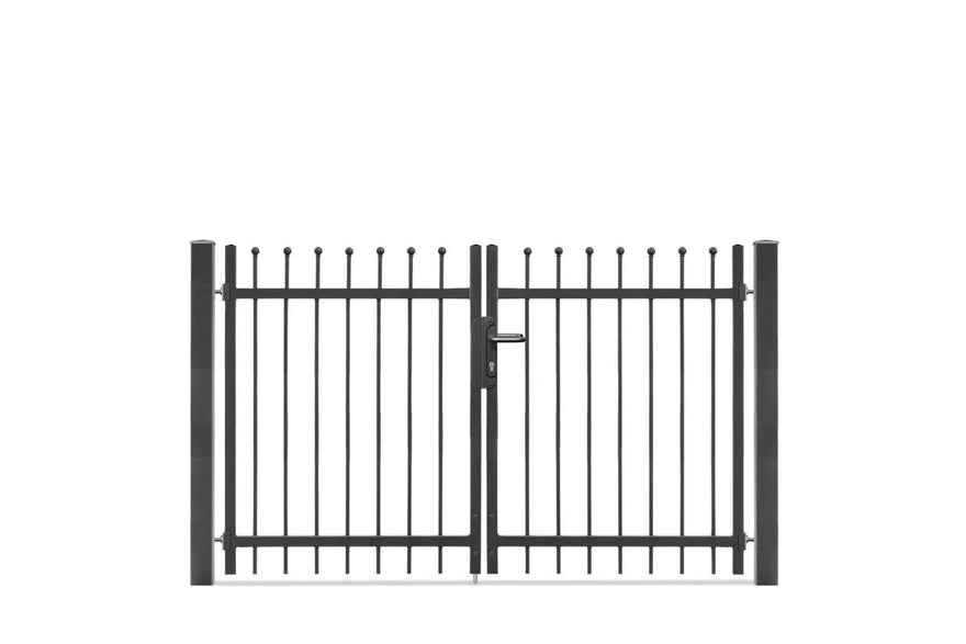 Doppelflügeliges Metall Gartentor anthrazit mit Zierspitzen und Schloss, modern