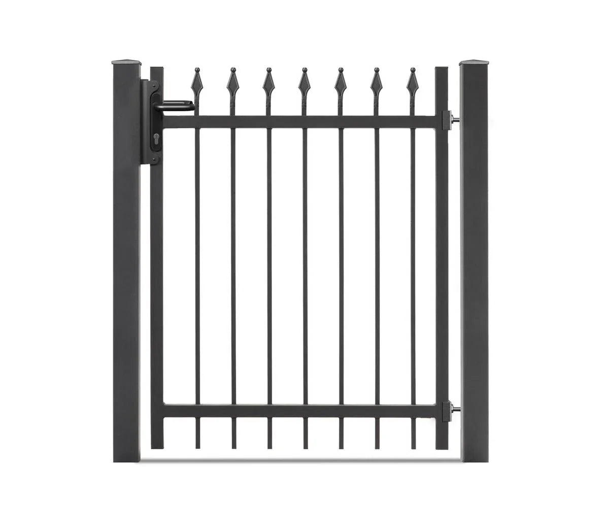 Metallzaun-Tor ZERMATT aus pulverbeschichtetem Stahl mit Schmuckelementen, modern, grau