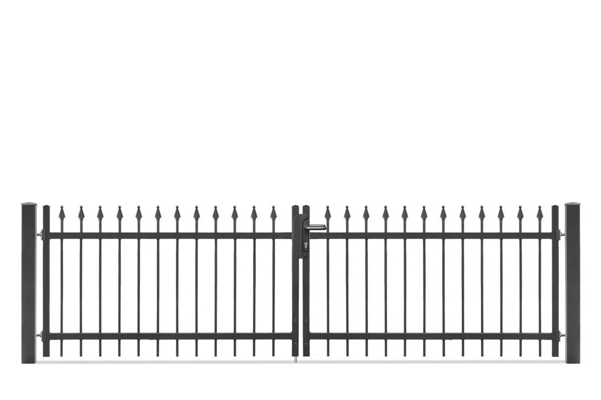 Doppelflügeltor aus Metall mit schmalen vertikalen Stäben und Zierspitzen, anthrazit