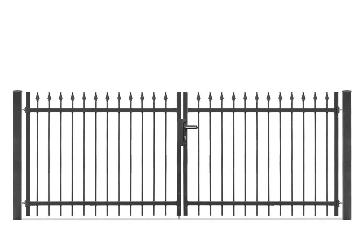 Doppelflügeliges Schmiedeeisen Gartentor mit Spitzen, pulverbeschichtet, modern, schwarz
