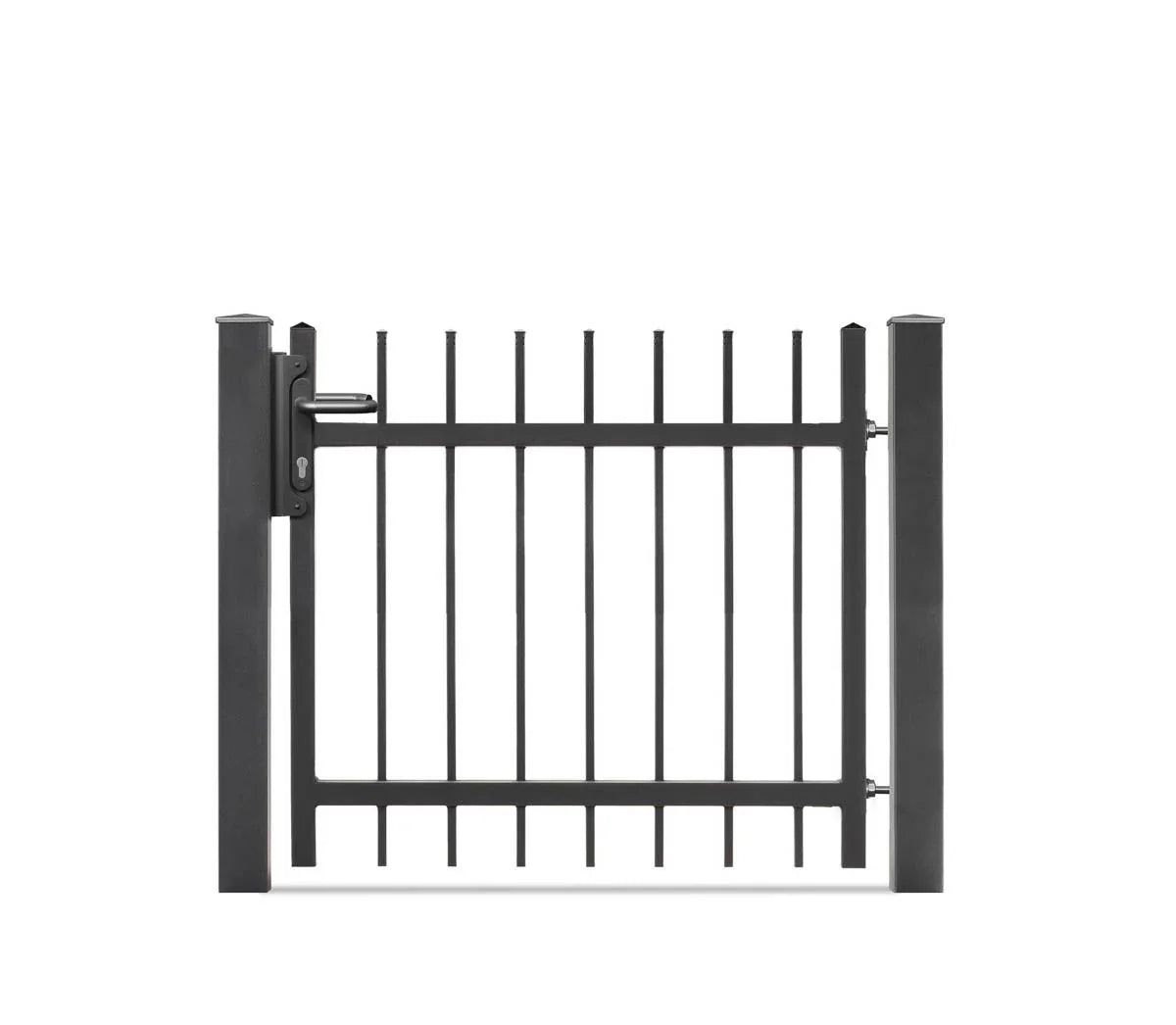 Modernes schwarzes Schmuckzaun-Tor aus Metall mit senkrechten Stäben und Schloss.