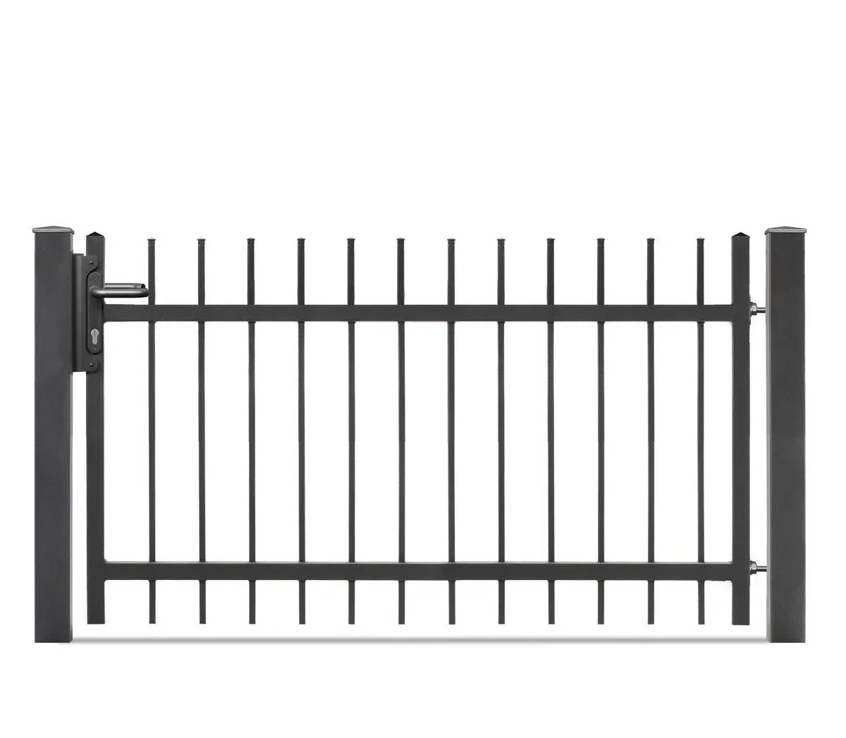 Metallzaun Tor anthrazit, schlichtes Design mit senkrechten Stäben und Schloss
