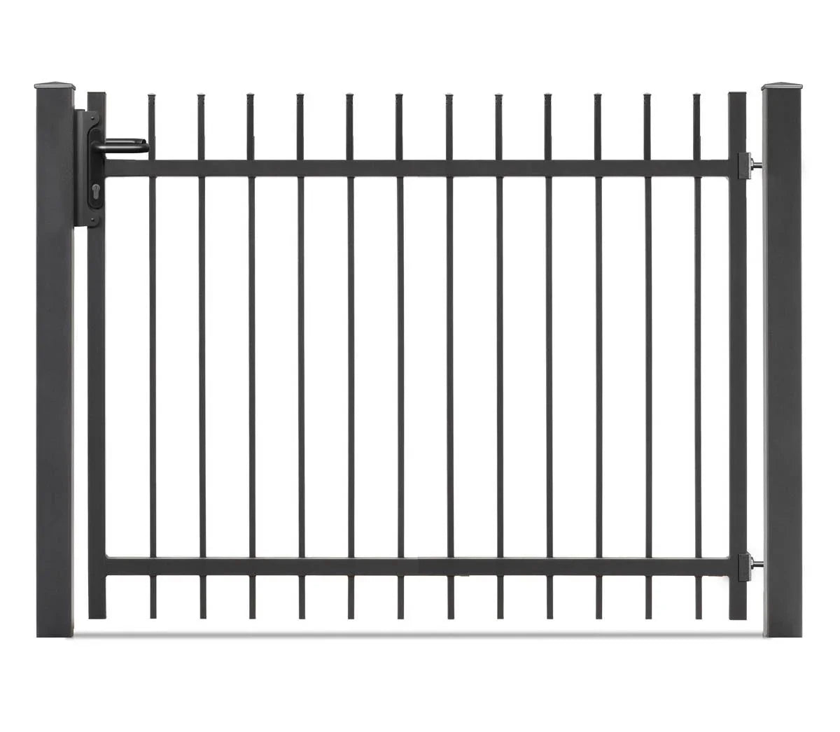 Schmuckzaun Tor aus pulverbeschichtetem Metall mit senkrechten Stäben, modern