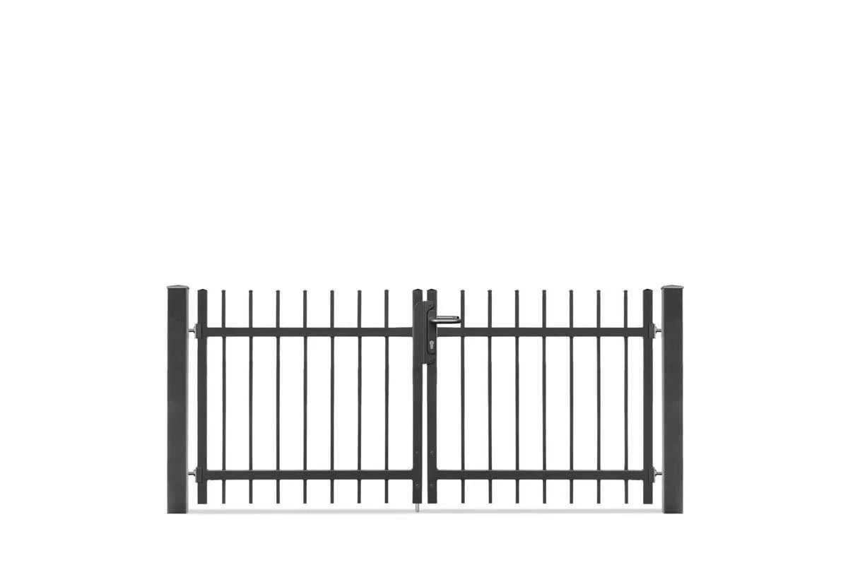 Doppel-Flügeltor aus Metall, modern, mit senkrechten Stäben und Schloss, Schmuckzaun-Tor