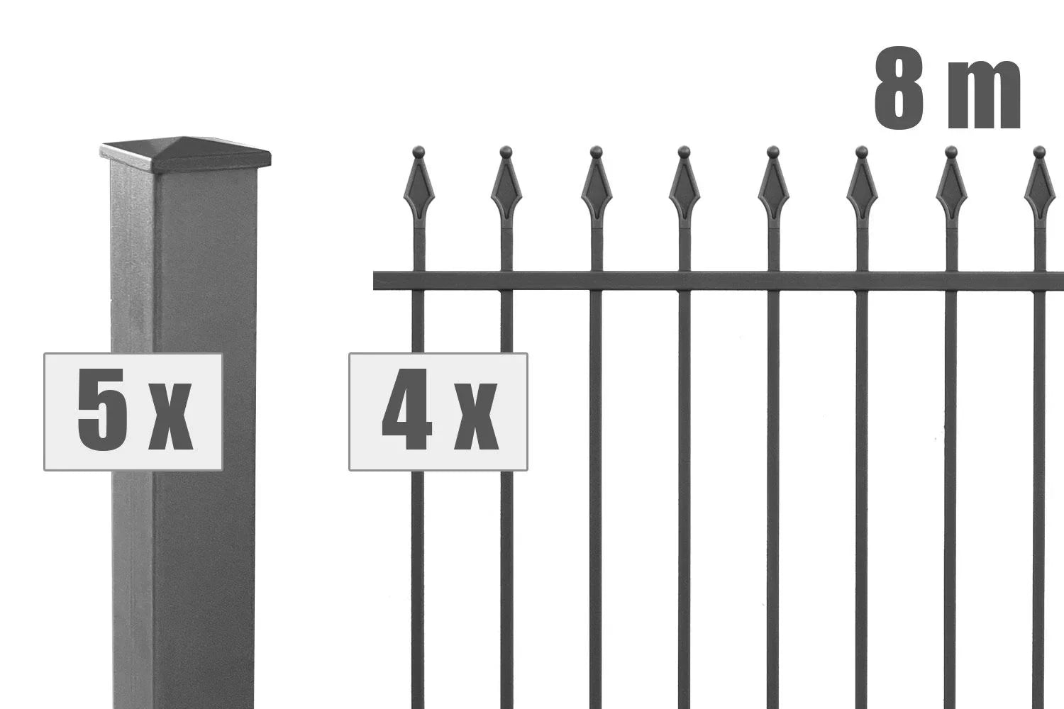 Metallzaun-Set mit 5 Zaunpfosten, 4 Zaunelementen, Spitzen, Gesamtlänge 8 Meter