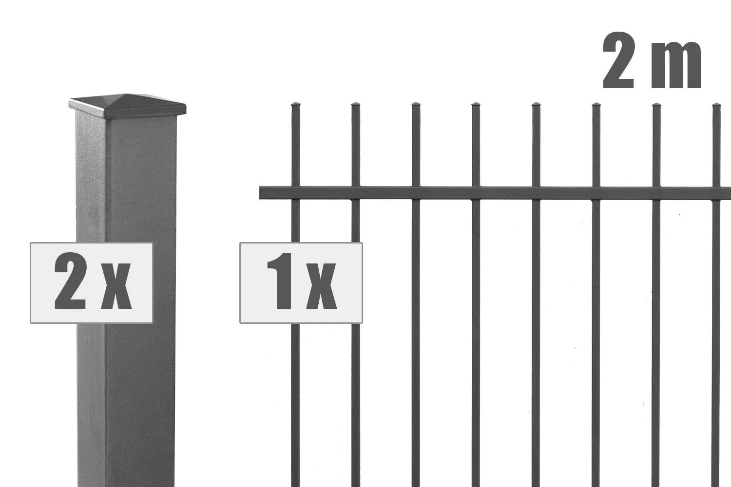 Metall Schmuckzaun Zürich Set mit zwei Pfosten und einem Zaunfeld, 2 Meter breit