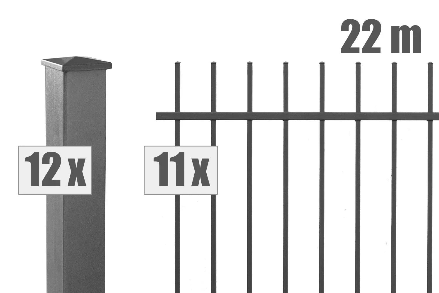 Metall Schmuckzaun Zürich Set mit 12 Pfosten und 11 Zaunelementen, Länge 22 Meter