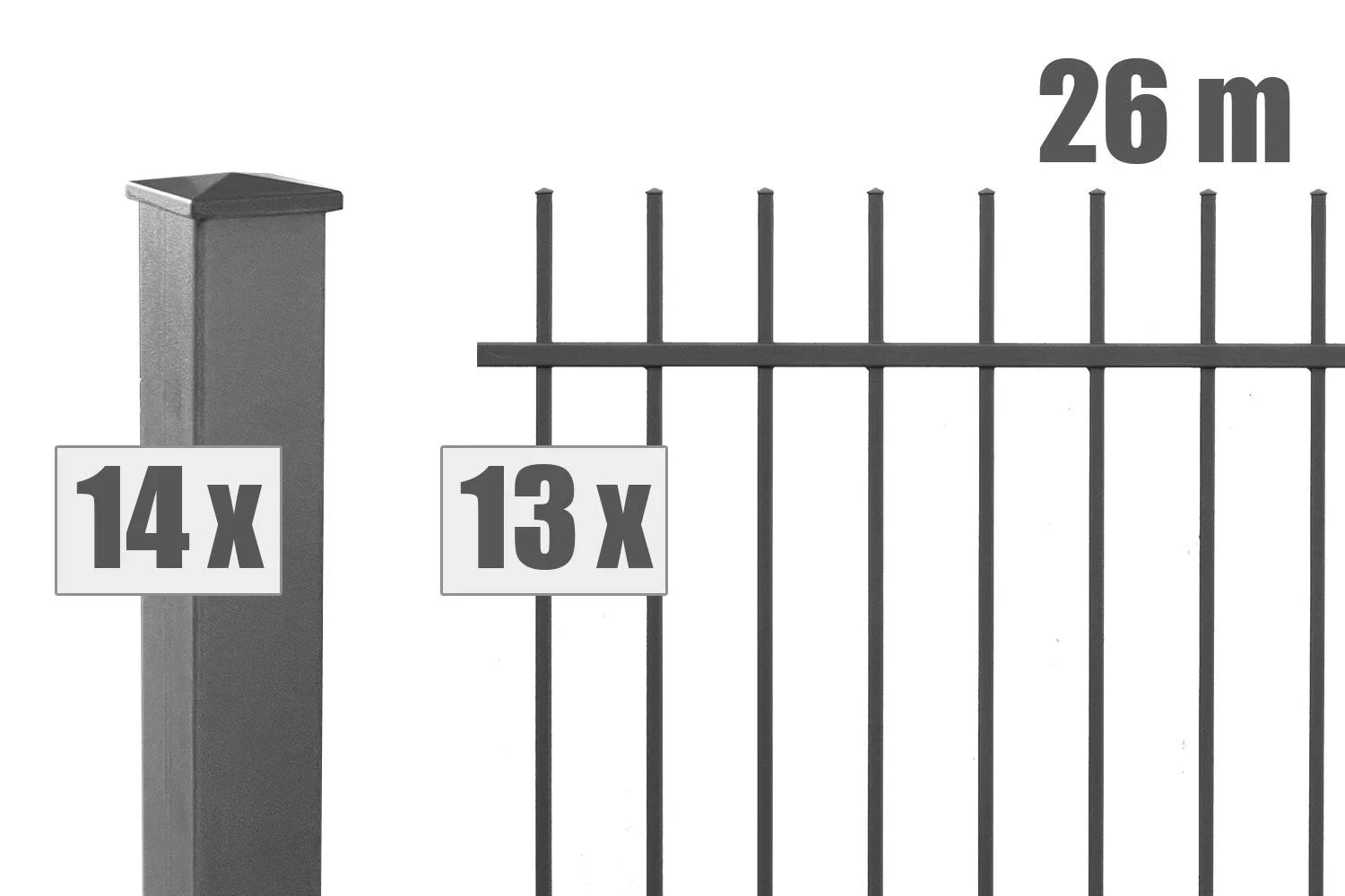 Metall Schmuckzaun Zürich Set, 13 Zaunelemente, 14 Pfosten, 26 Meter Länge, anthrazit