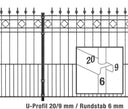 Schmuckzaun Modell RIMINI mit Zierspitzen, Pfosten und U-Profil 20/9 mm, Rundstab 6 mm