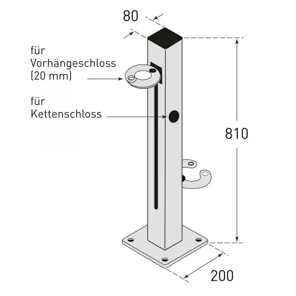 Zeichnung einer Scooter-Parksäule aus Metall mit Maßen und Schlossvorrichtungen.