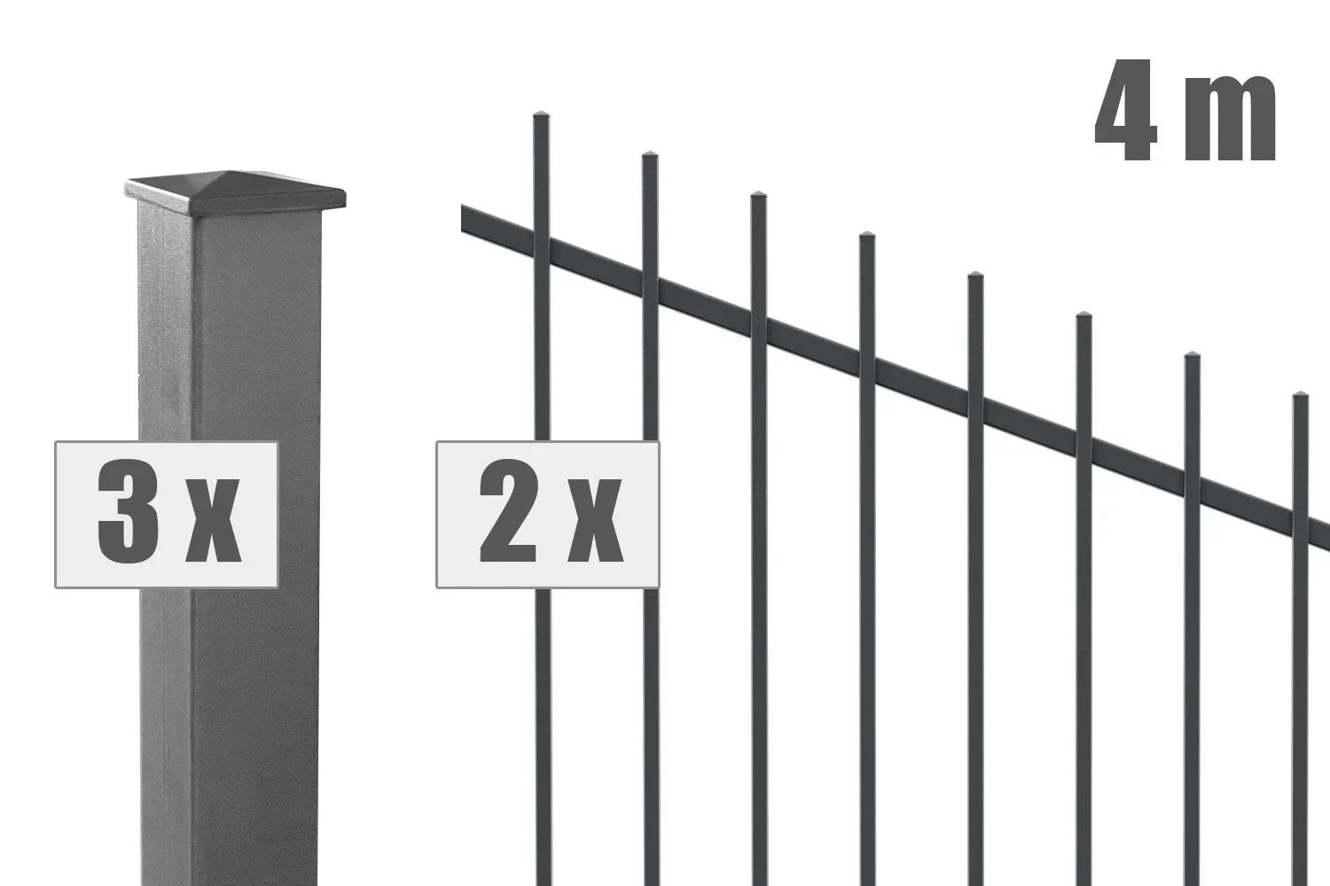 Metall Steigungszaun Set Basel, anthrazit, 4 Meter, 3 Pfosten, 2 Zaunelemente, modern